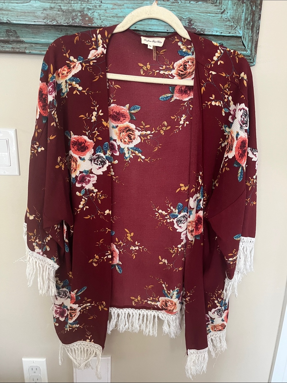 Floral Fringe Kimono Cape in Burgundy by Meghan Rae & Co.